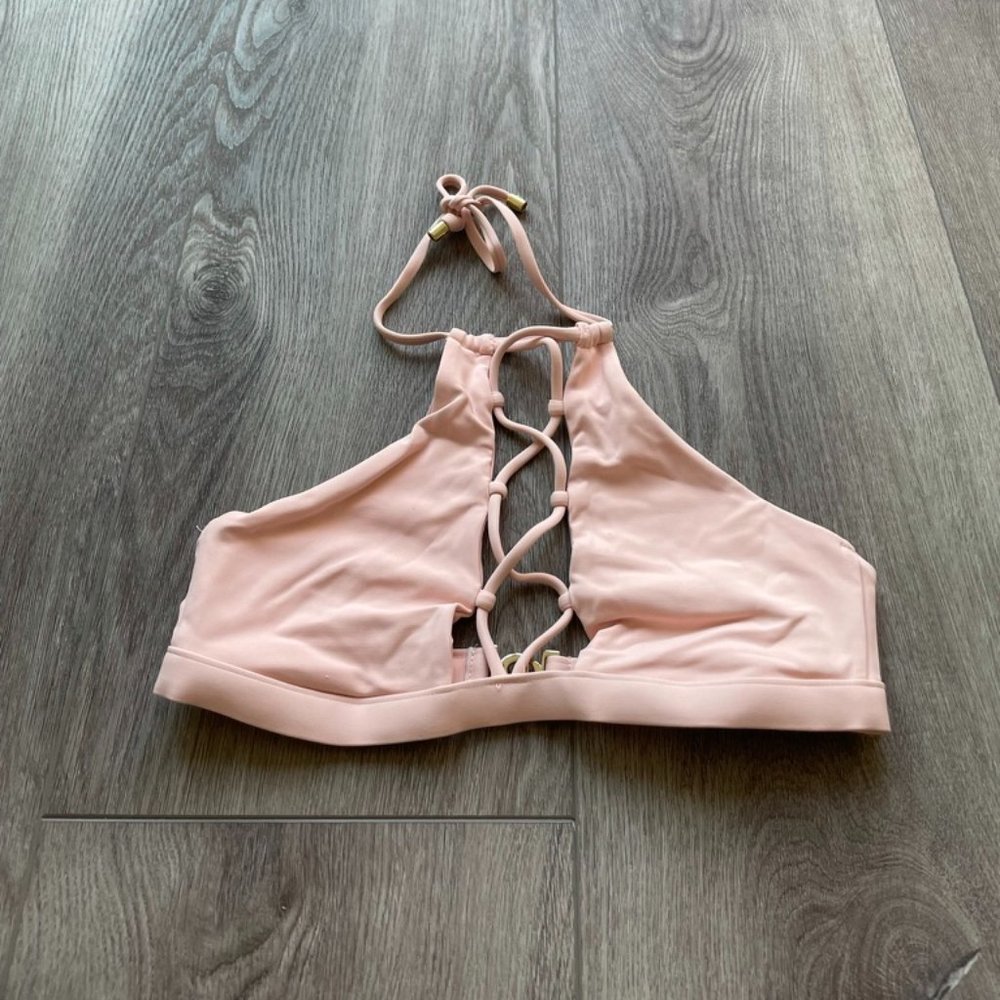 beach bunny swimwear blush pink strappy halter lace up bikini top size small